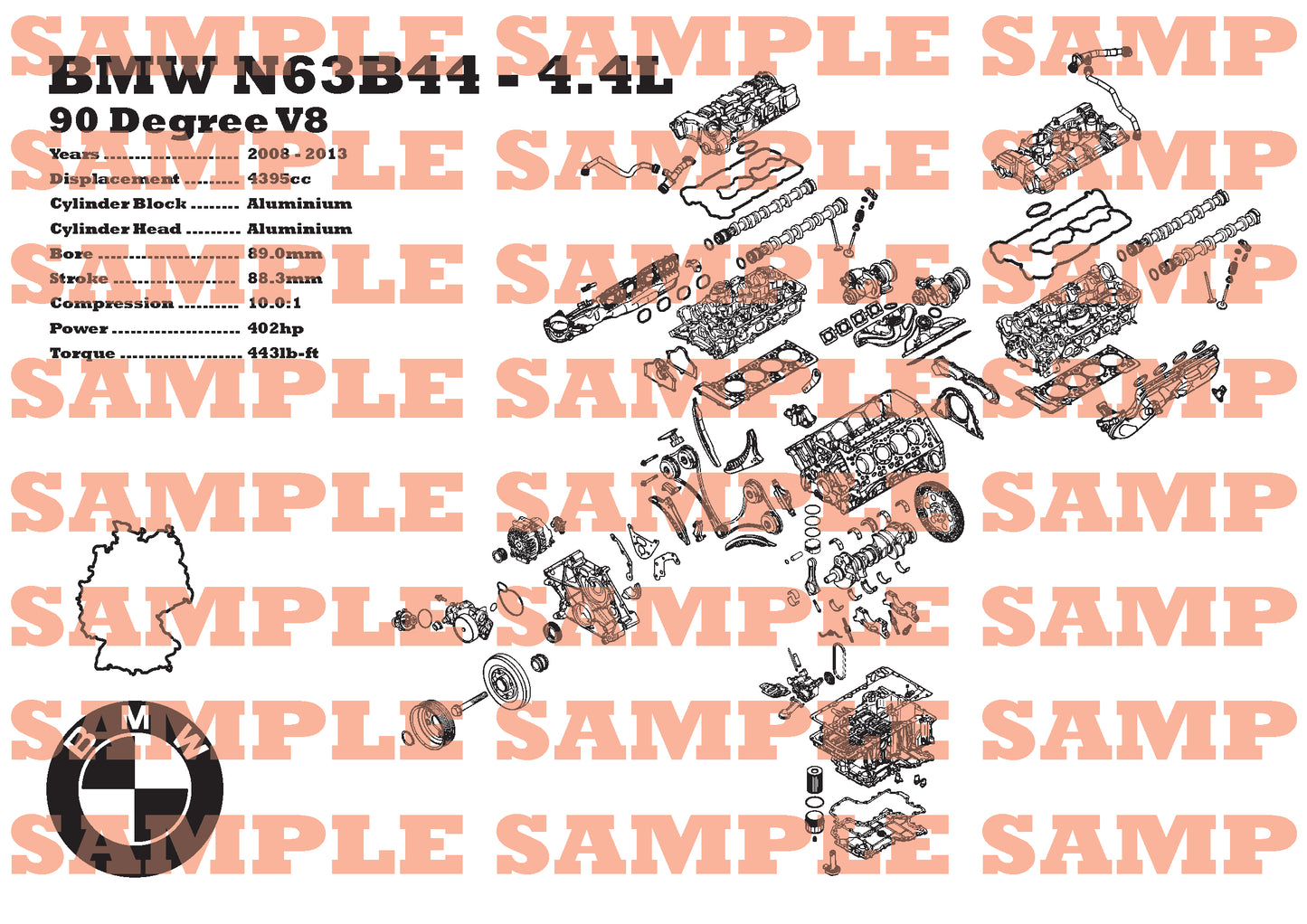 BMW N63B44 4.4L exploded view poster