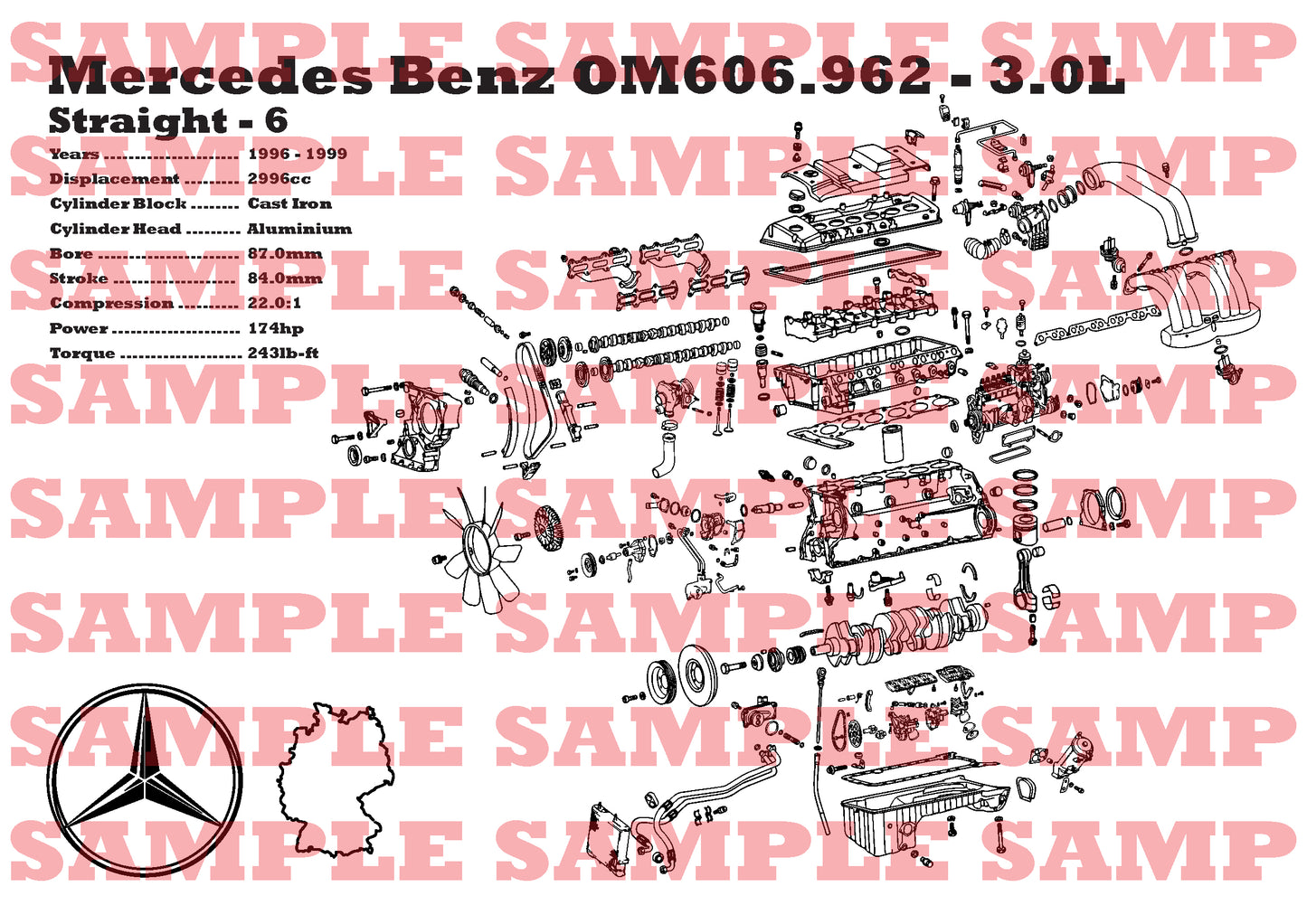 Mercedes Benz OM606.962 3.0L exploded view poster