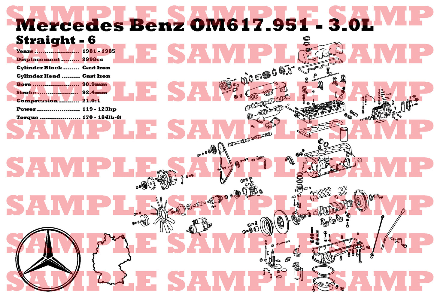 Mercedes Benz OM617.951 3.0L exploded view poster