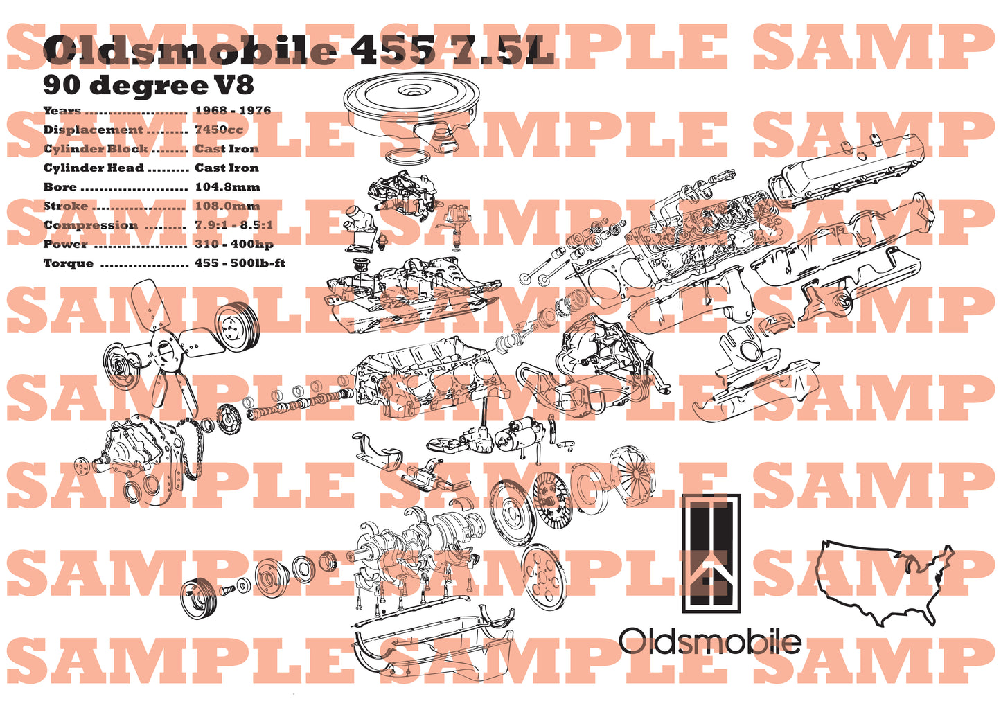 Oldsmobile 455 7.5L exploded view poster