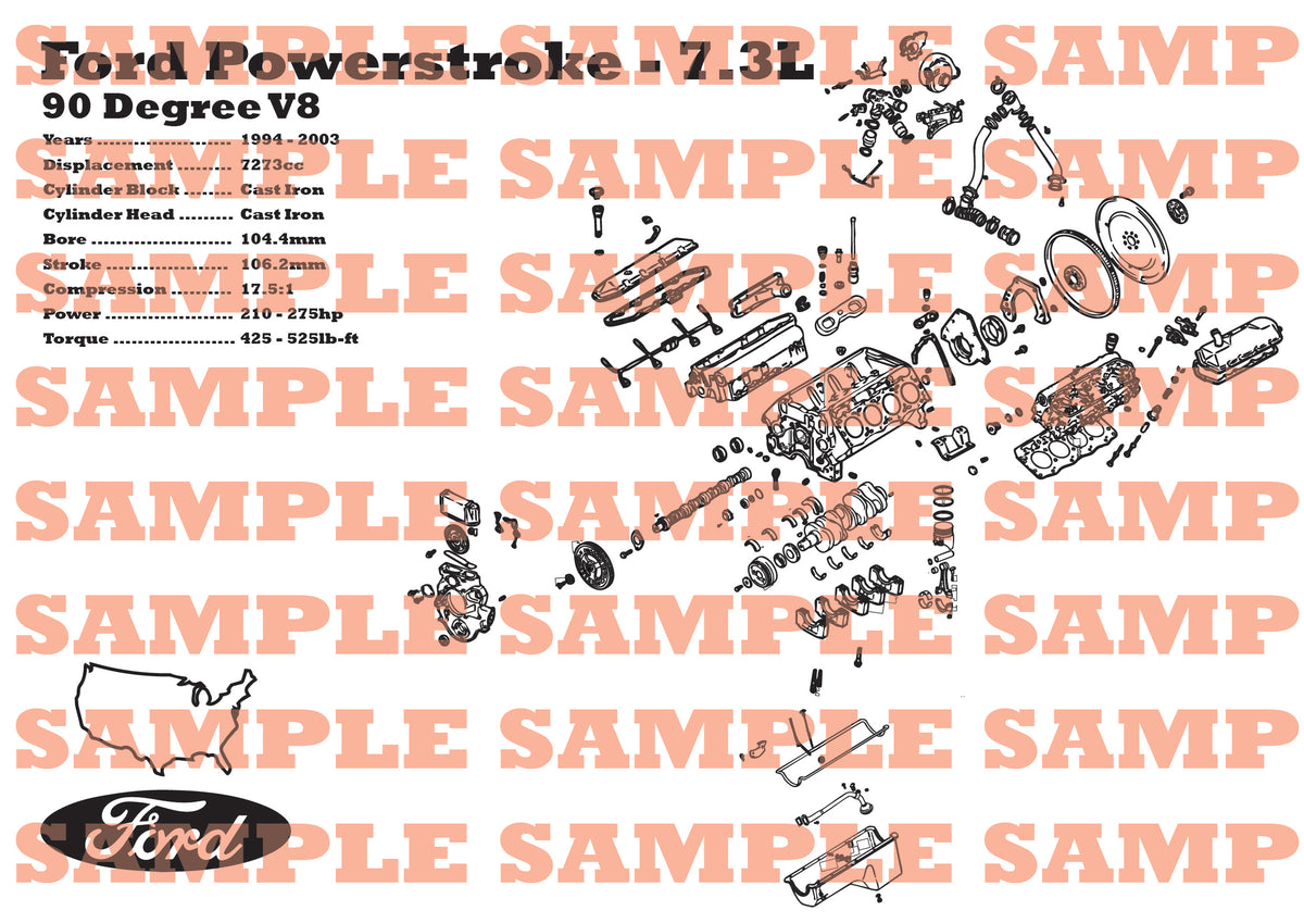 Ford Powerstroke Engine Label Ford Powerstroke 7.3L exploded view poster – EngineMaps