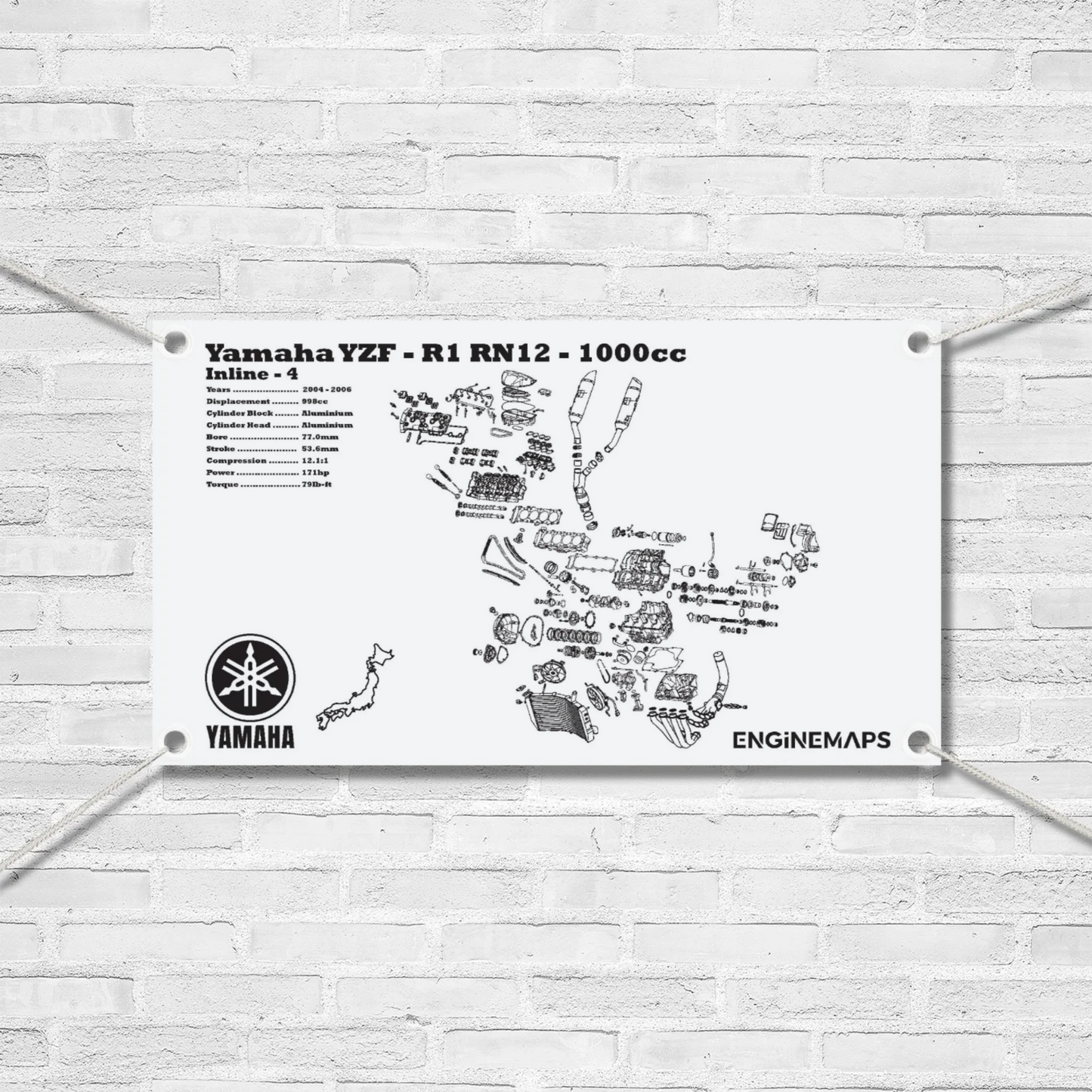 Yamaha YZF-R1 RN12 engine diagram on a white brick wall background