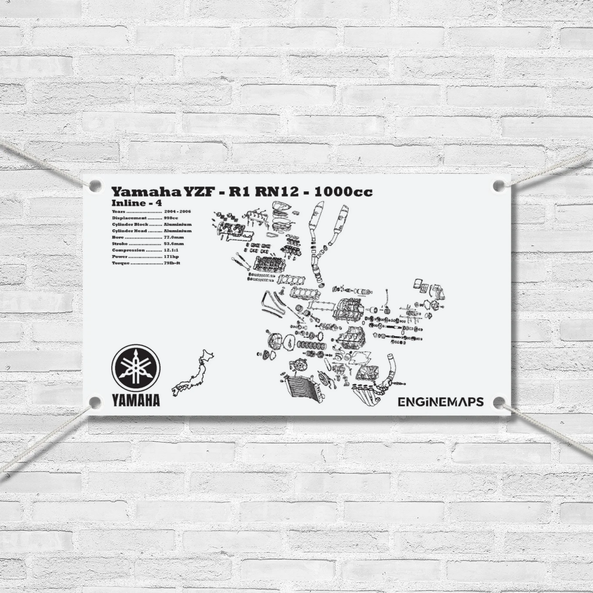Yamaha YZF-R1 RN12 engine diagram on a white brick wall background