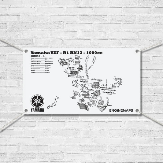 Yamaha YZF-R1 RN12 engine diagram on a white brick wall background