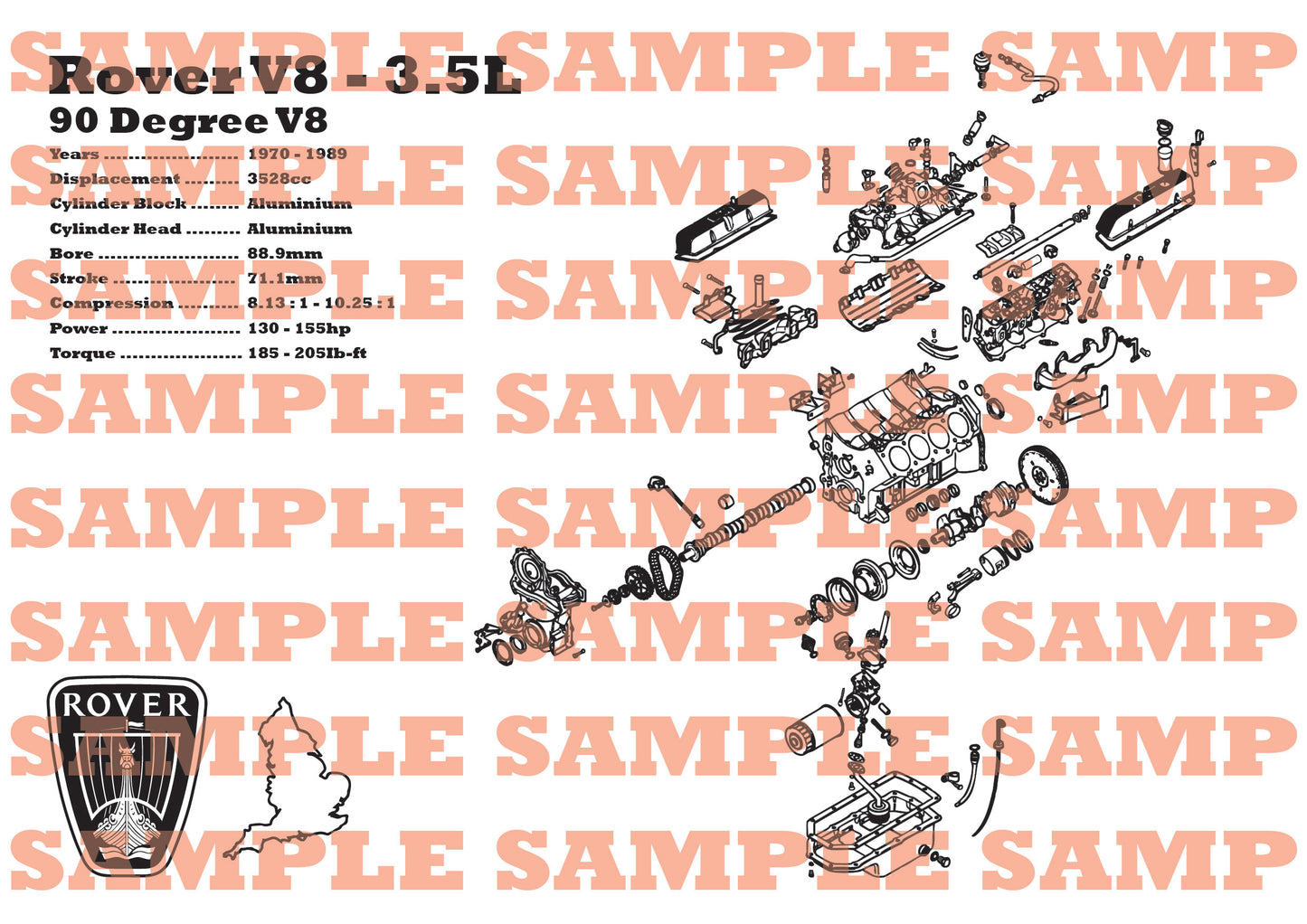 Land Rover 3.5L V8 Exploded view poster