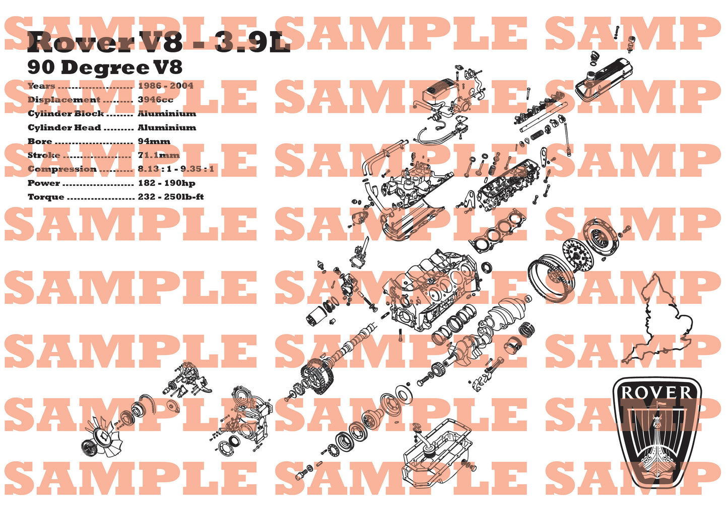 Rover 3.9L V8 Exploded View Poster