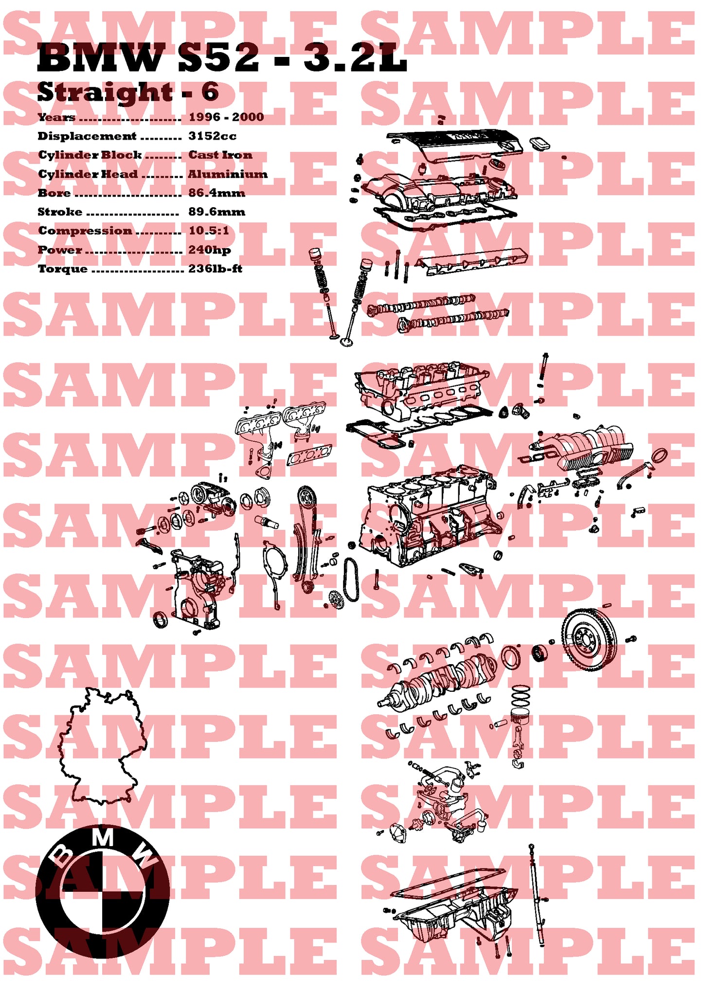 BMW S52 3.2L exploded view poster