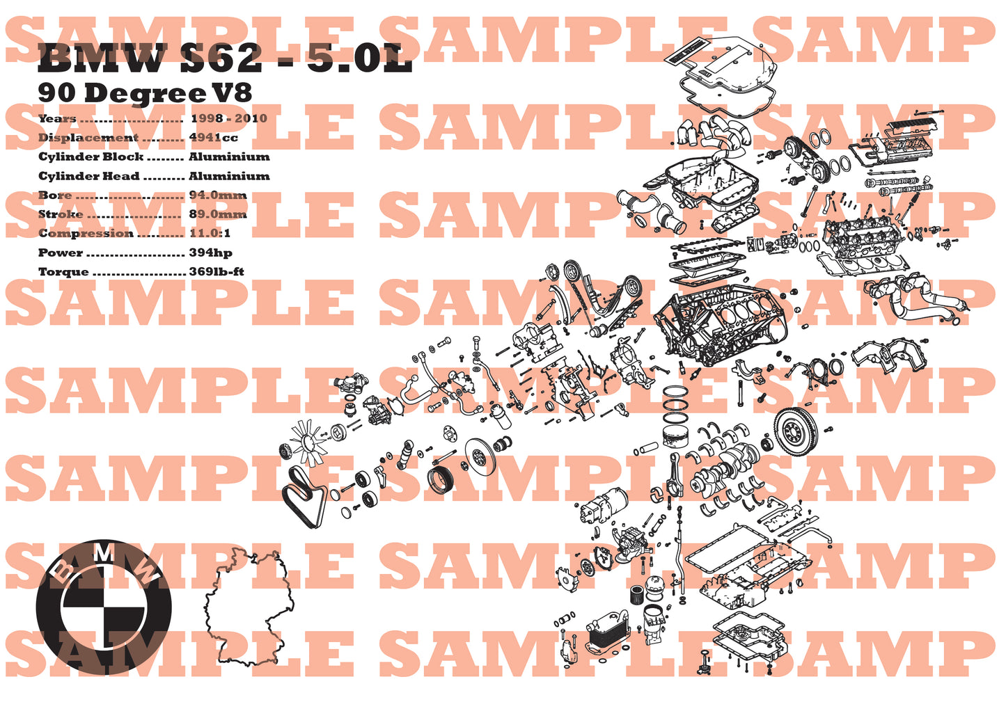 BMW S62 5.0L exploded view poster