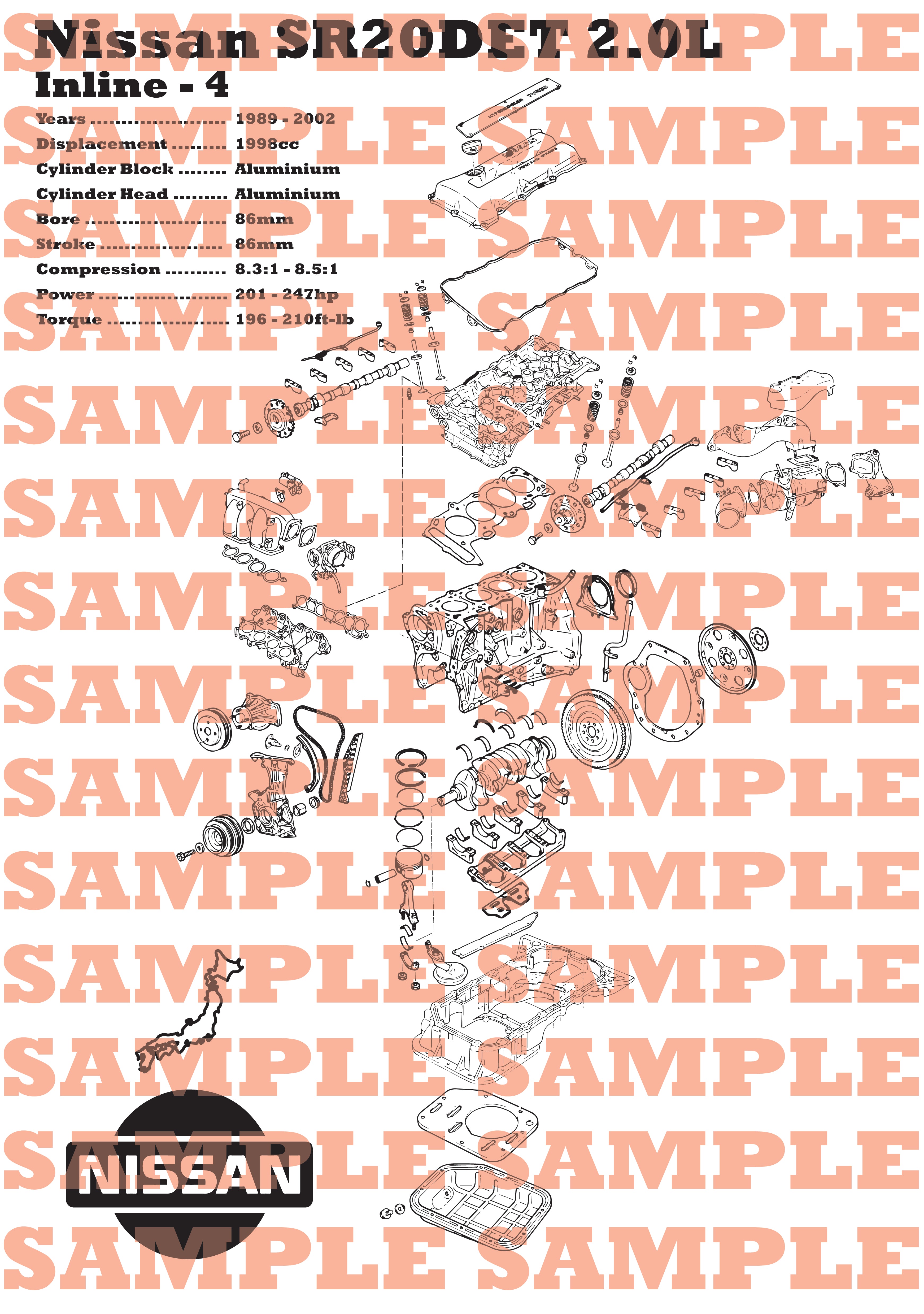 Nissan SR20DET [PRE VCT] 2.0L exploded view poster – EngineMaps