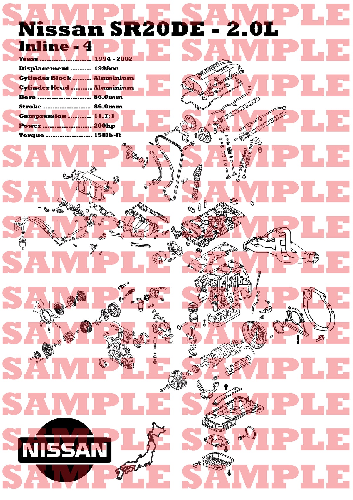 Nissan SR20DE 2.0L exploded view poster