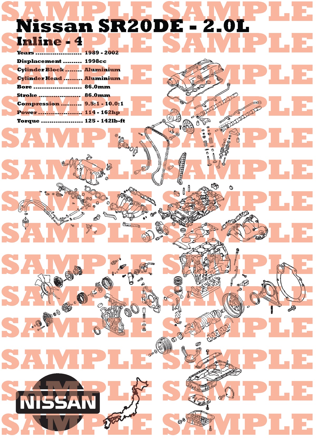 Nissan SR20DE 2.0L exploded view poster