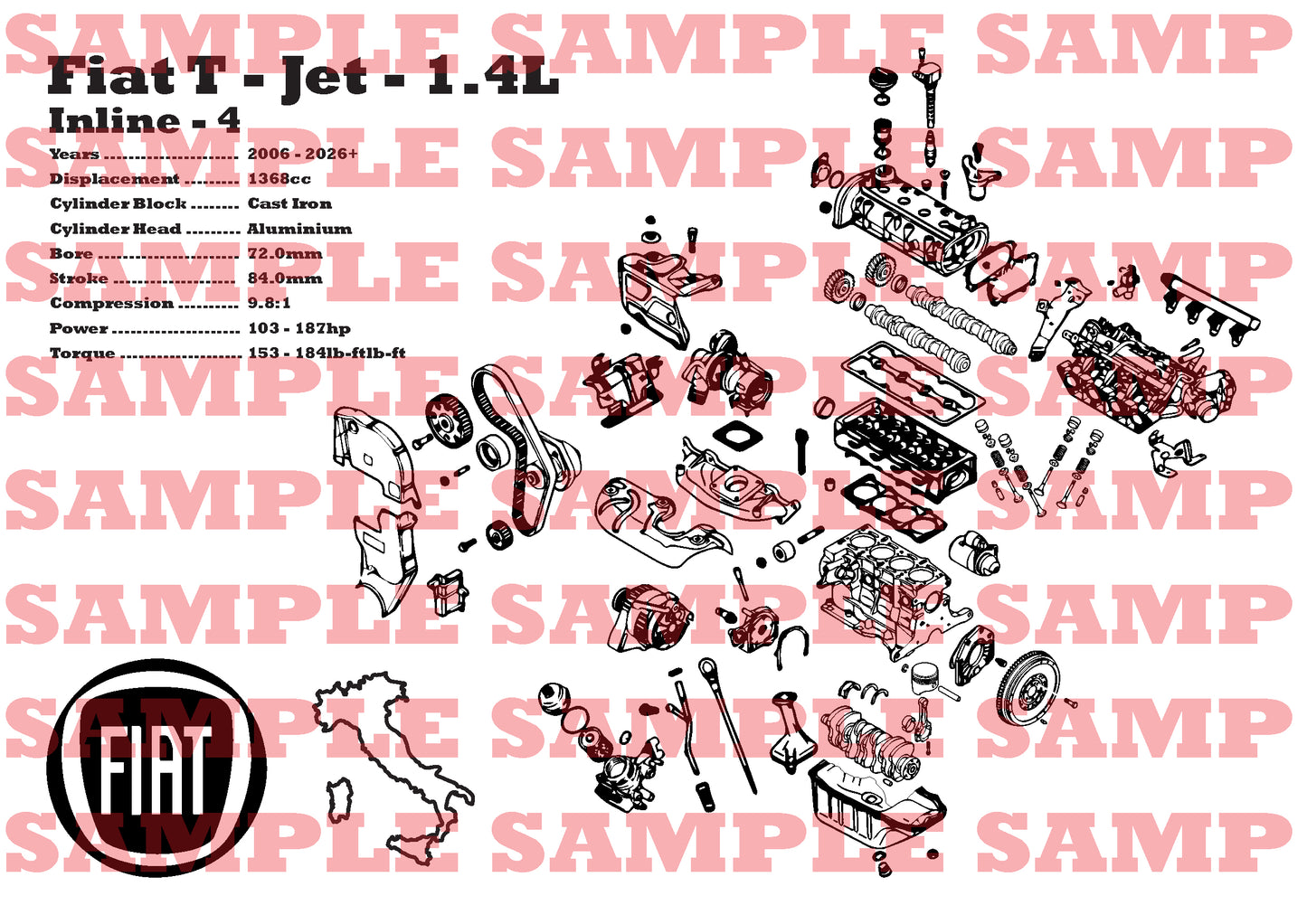 Fiat T-JET 1.4L Exploded View Poster