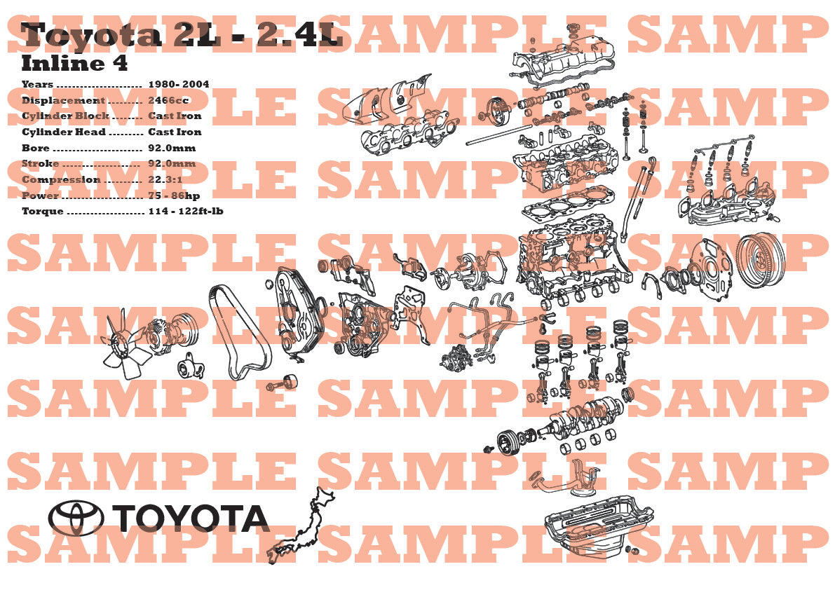 2l8 Drawings Toyota 2L 2.4L exploded view poster – EngineMaps