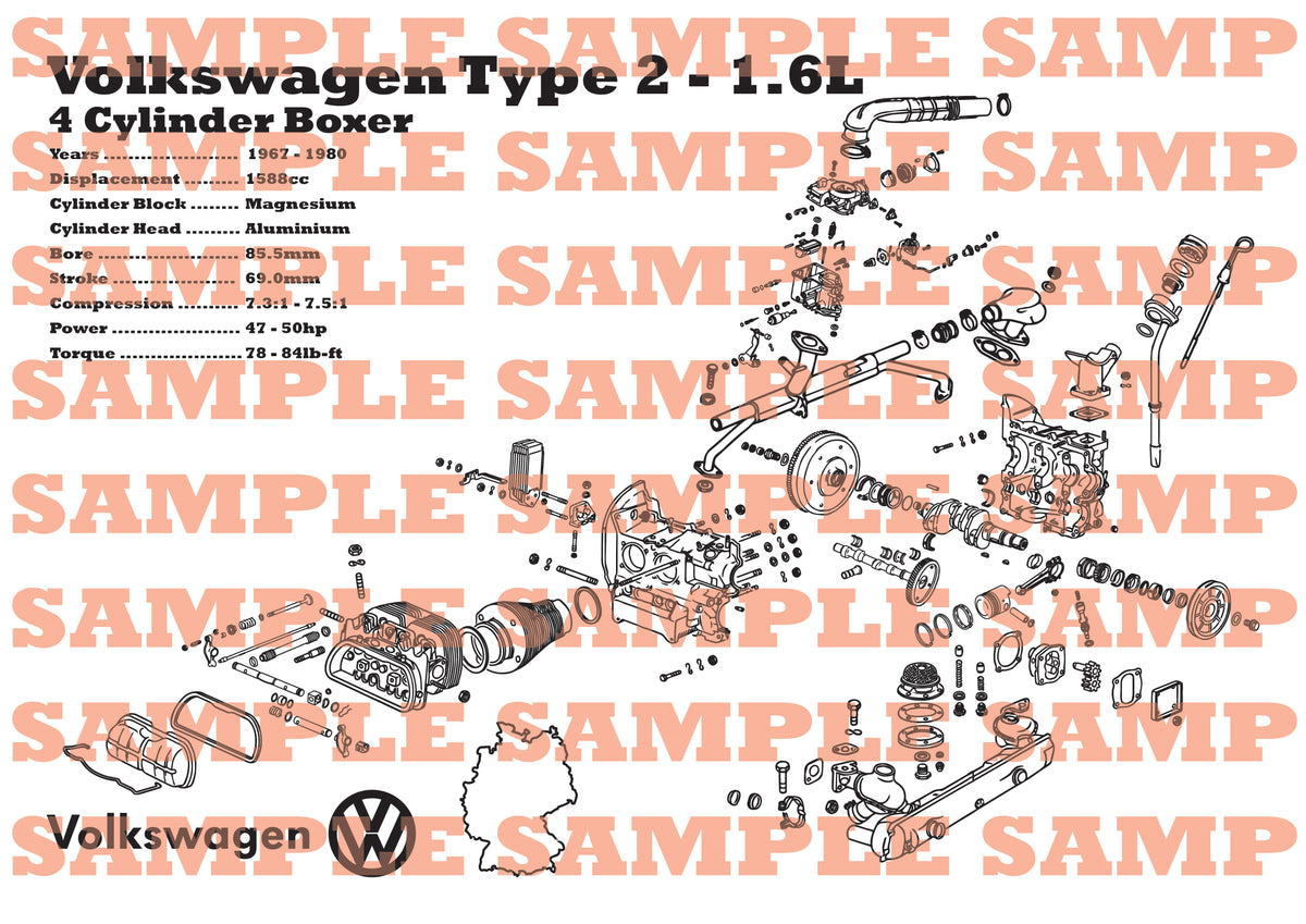 Volkswagen Type 2 1.6L exploded view poster
