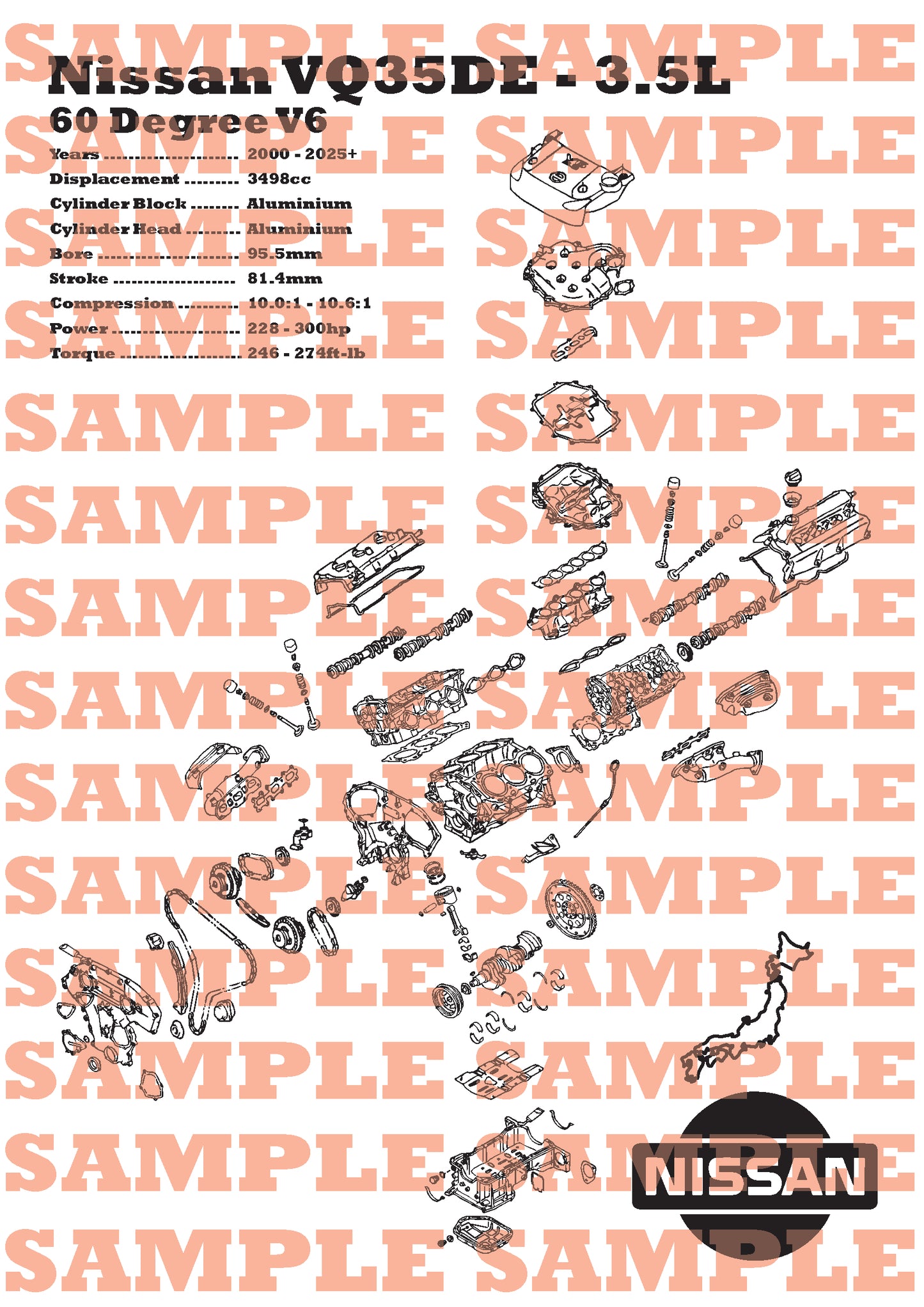 Nissan VQ35DE 3.5L exploded view poster