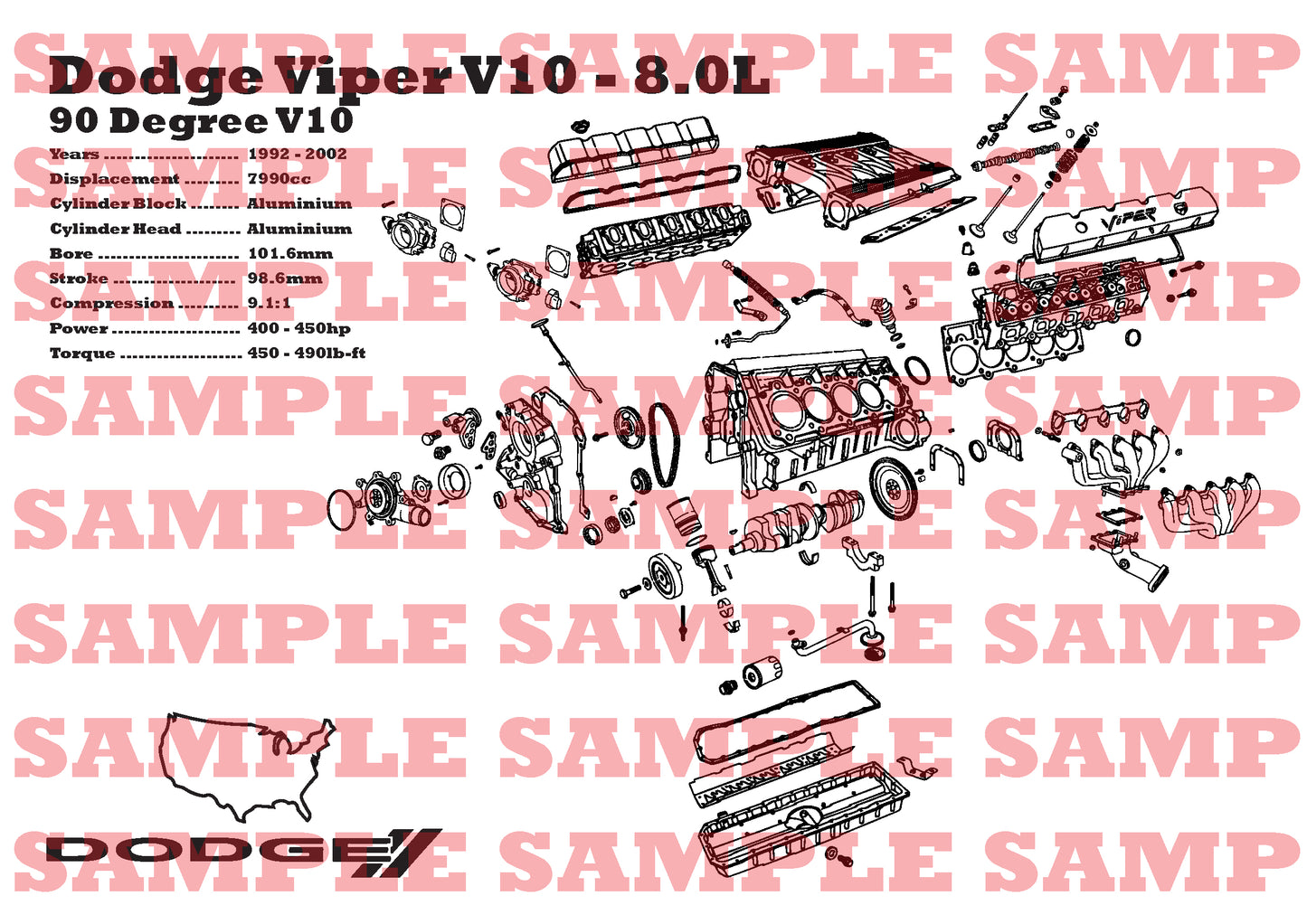 Dodge Viper V10 8.0L Exploded View Poster
